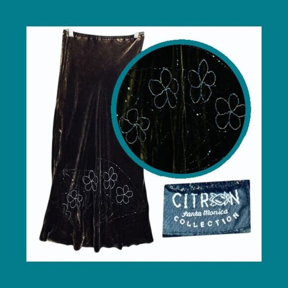 Citron Santa Monica Silk Velvet A-Line Skirt Size‎ S Beaded Floral Brown Whimsy - Picture 1 of 7